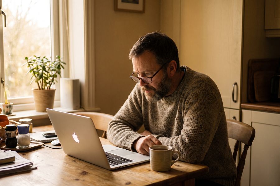 A man at a kitchen table reading from a laptop.