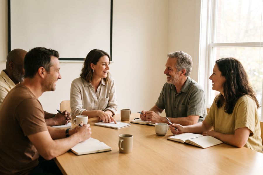 A small workplace team seated around a table in a training session.