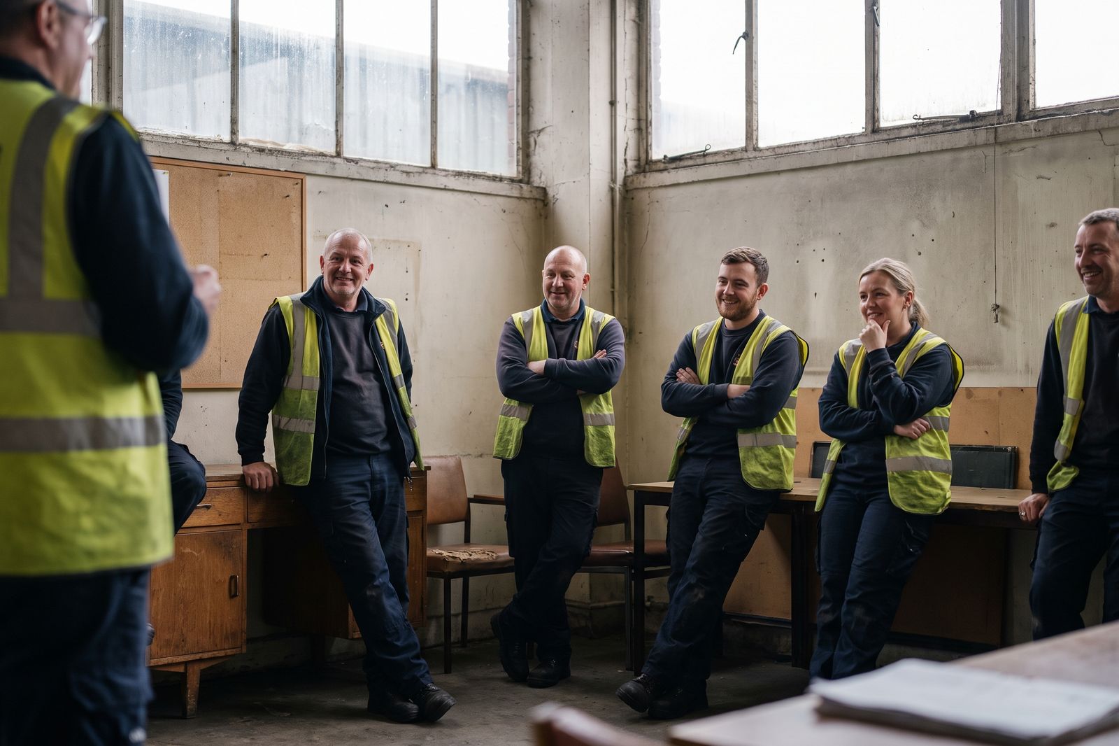 Drivers in hi-vis listening to a short safety briefing in a depot.