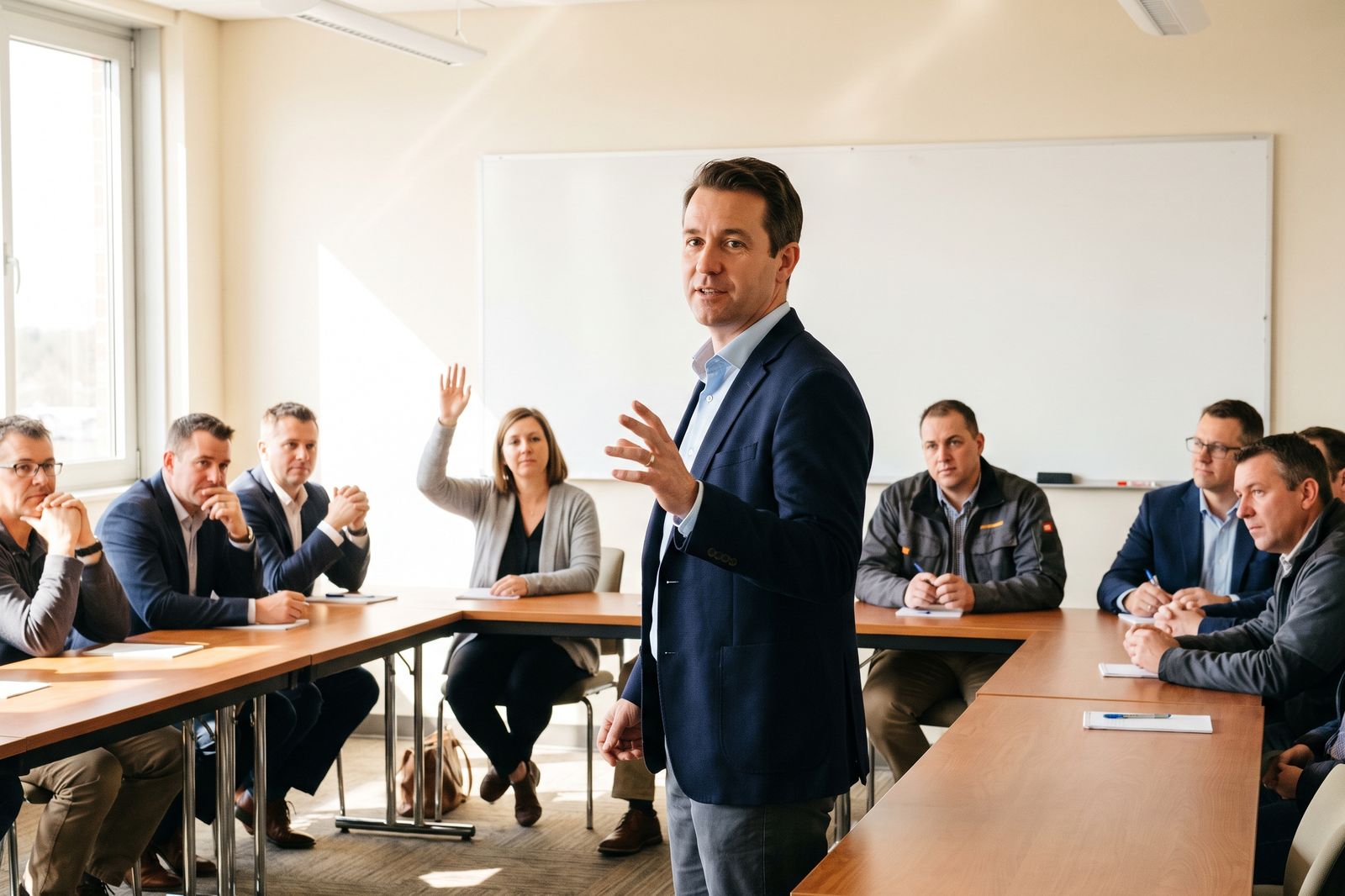 A trainer standing at the front of a training room delivering a session to a room of seated adults, one with a hand raised.