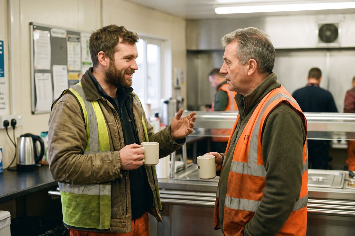 Two colleagues in hi-vis talking over mugs of tea in a depot canteen.