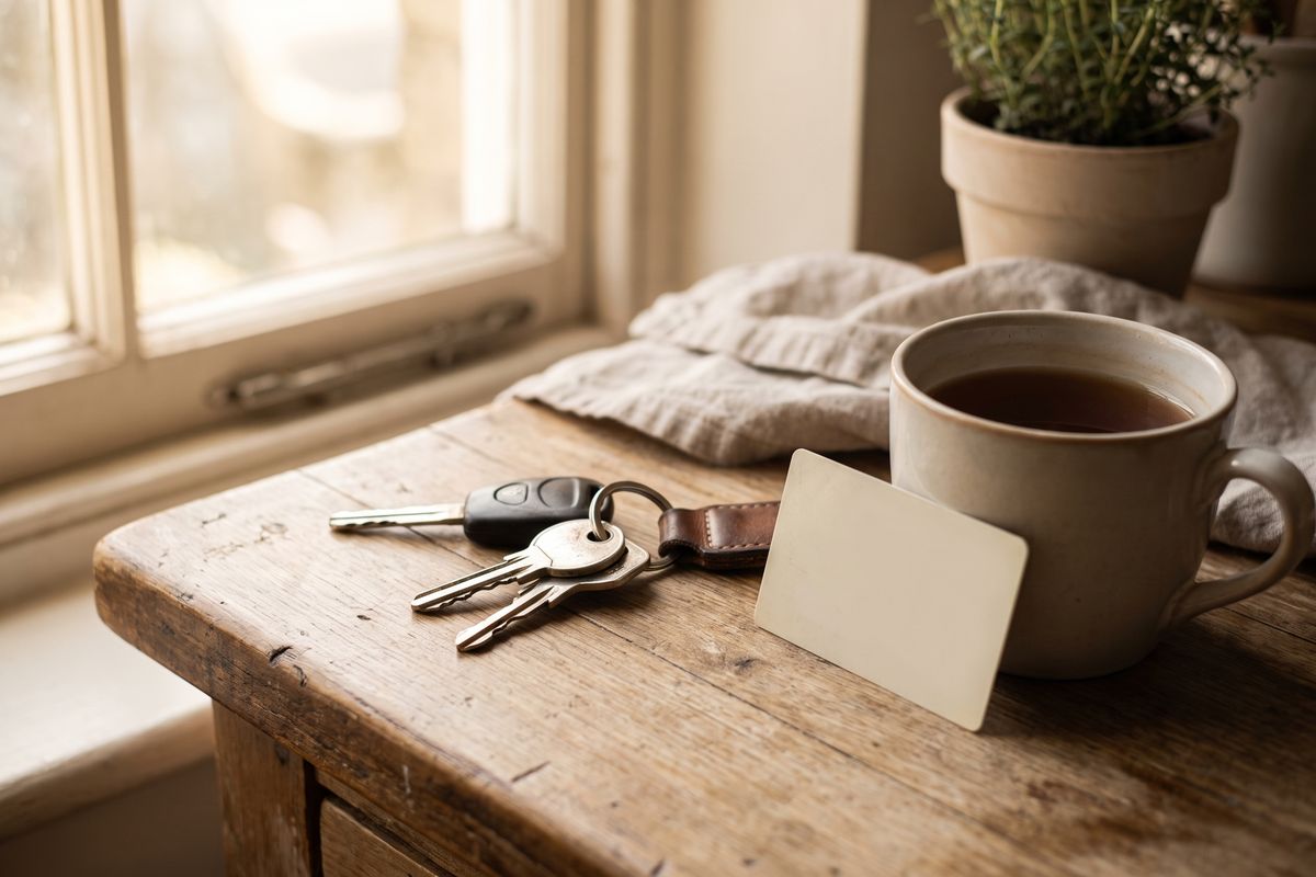 Car keys and a driving licence on a kitchen worktop beside a mug of tea.